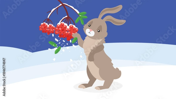 Fototapeta rabbit with rowan berry in the winter. vector illustration