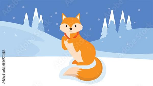 Fototapeta Cute fox on the snow in the winter forest. Vector illustration