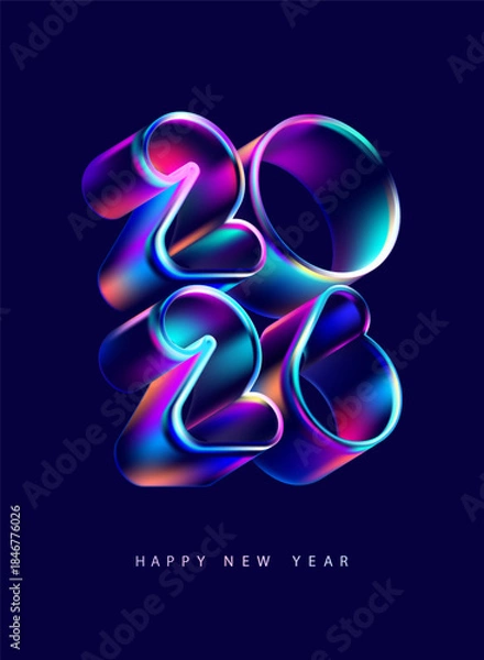 Fototapeta Happy New Year 2026. 3D color numbers in liquid glass style . Holiday colorful numbering design.
