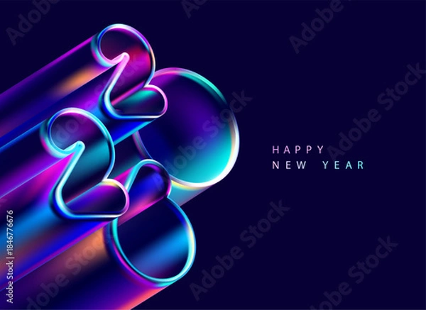 Fototapeta Happy New Year 2026. Greeting card design with 3D color numbers in liquid glass style . Holiday colorful numbering design.