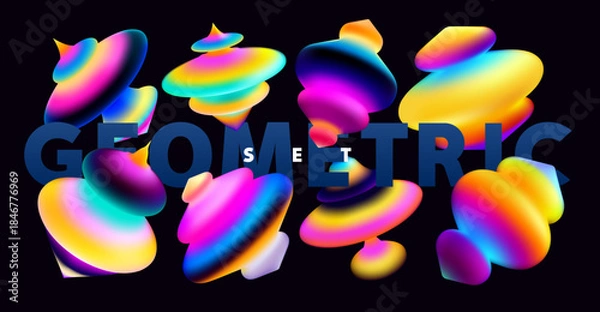 Fototapeta Set of oval colorful  geometric shapes. Collection of iridescent abstract gradient forms.