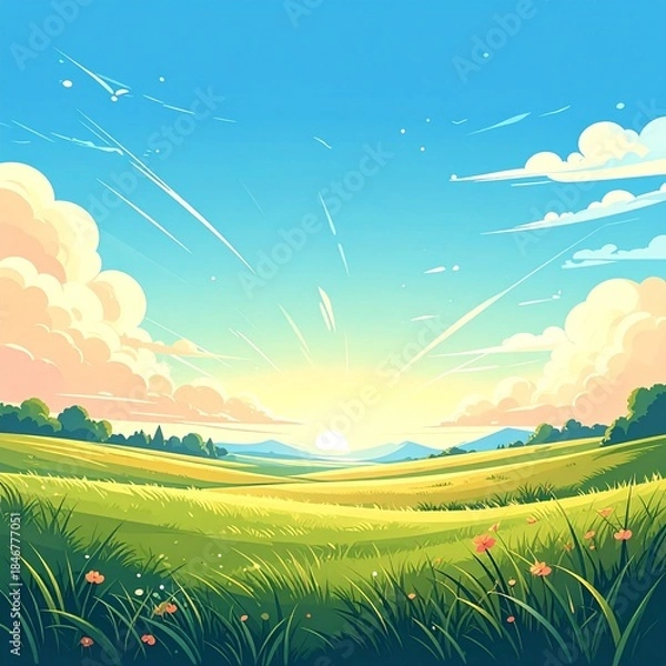 Obraz 들판_해가 뜨는 푸른 초원 자연 배경