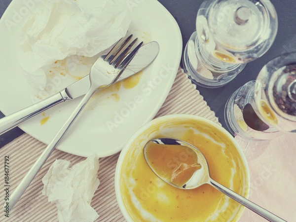 Fototapeta Dirty dish after eating. Toned image