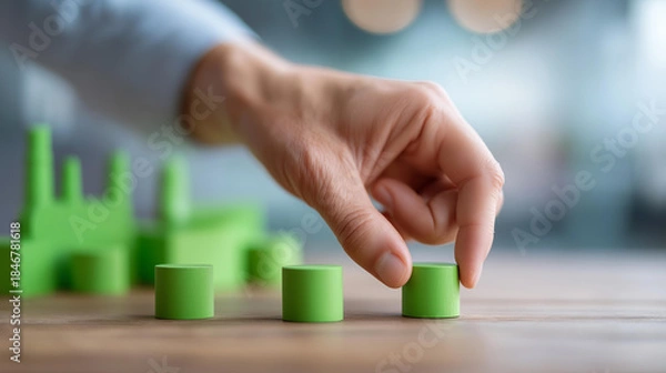 Obraz Faceless hand pushing green factory to front of pollution manufacturing for green economy to reduce carbon dioxide emission, sustainability environment concept, defocused hand, wit