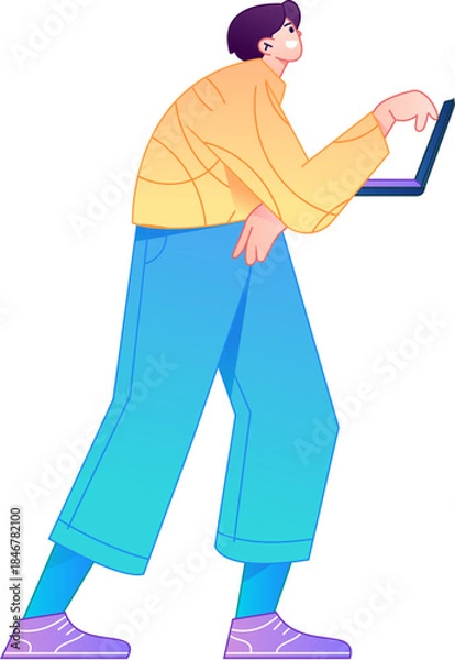 Fototapeta Vector flat gradient illustration of a person working on a computer while working remotely.
