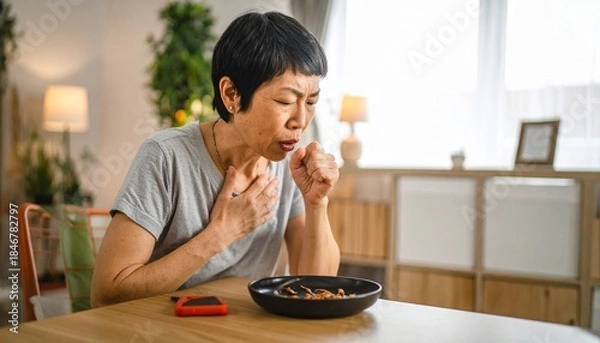 Obraz 食事中にせき込む高齢女性/誤嚥性肺炎1