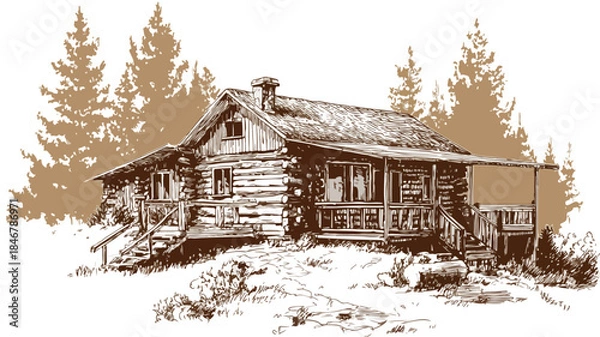 Obraz Cozy Log Cabin in the Woods Vector Illustration with Outline Isolated