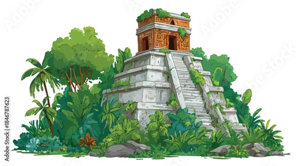 Obraz Enigmatic Ancient Mayan Temple Hidden in Lush Jungle Vector