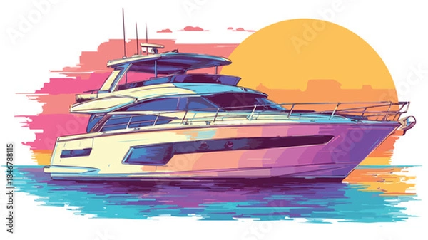 Obraz Vibrant Luxury Yacht at Sunset - Colorful Illustration for Design Projects