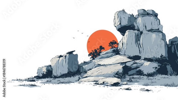 Obraz Minimalist Cliff Landscape Vector Art: Serene Nature Illustration