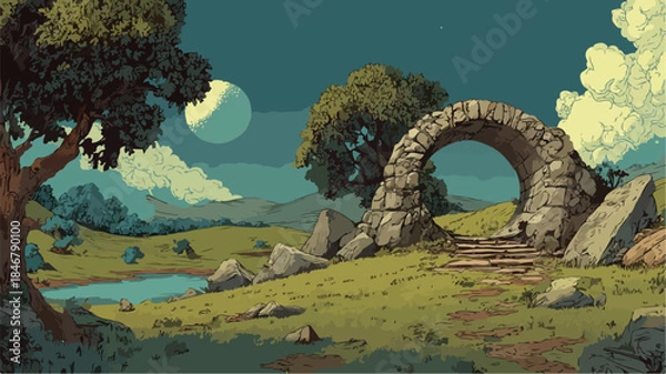 Obraz Serene Landscape Stone Archway Vector Illustration with Outline Isolated
