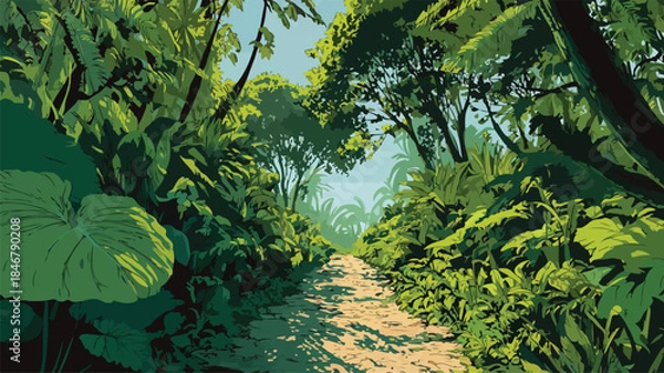 Obraz Tropical Jungle Pathway with Lush Greenery in Sunlight Vector Illustration