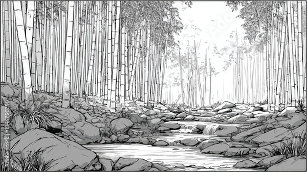 Obraz Tranquil Bamboo Forest and Serene Streams Vector Illustration