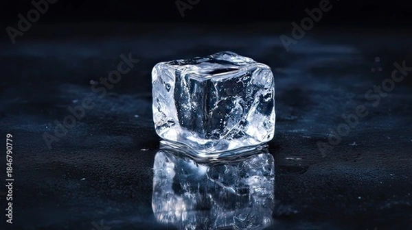 Obraz A single ice cube reflecting on a dark, wet surface with a subtle blue background