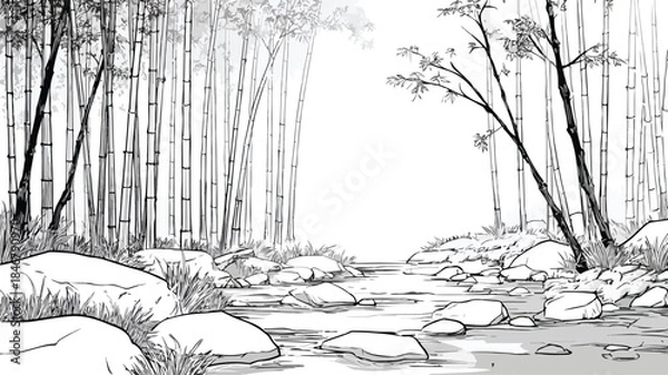 Obraz Tranquil Bamboo Forest and Serene Streams Vector Illustration