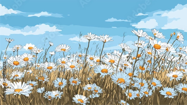 Obraz Bright Daisy Field Beneath Clear Sky - Vector Illustration