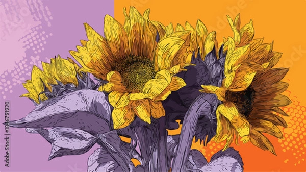 Obraz Bright Sunflower Bouquet on Colorful Background for Graphic Design Projects