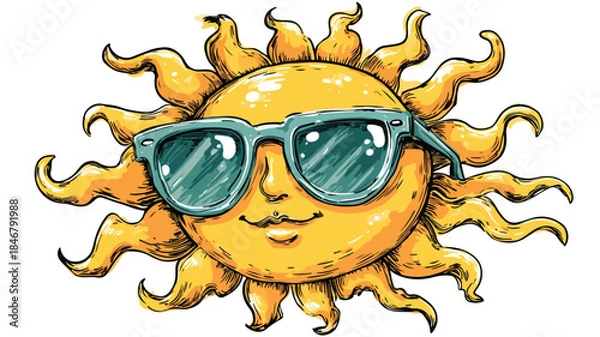 Obraz Whimsical Cartoon Sun with Sunglasses Vector Illustration
