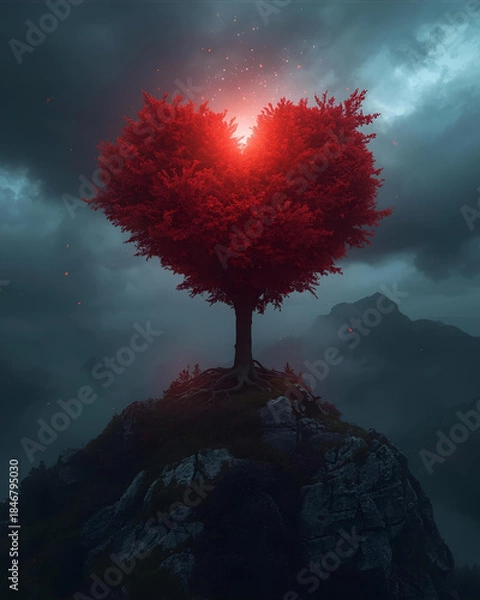 Obraz heart shaped tree, heart tree, tree with heart shaped leaves, red foliage tree, romantic tree, love tree, heart canopy, heart shaped foliage, valentine theme, love concept, romantic illustration, 