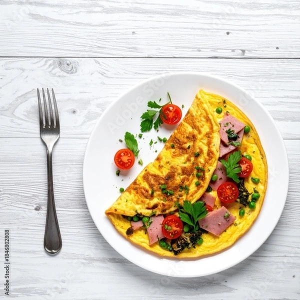 Obraz Frittata with ham, veggies, and herbs on a plate