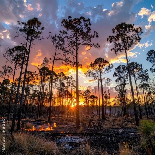 Obraz Sunset over a pine forest after a fire.  Silhouette trees against a vibrant sunset sky