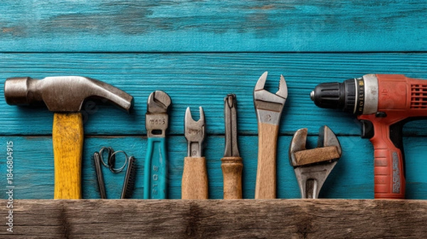 Fototapeta Tools background with various workshop instruments arranged neatly