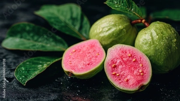 Obraz Guava fruit close up with leaves