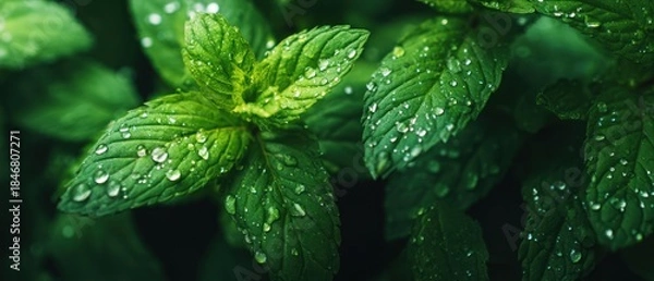 Obraz Closeup mint leaves dew drops