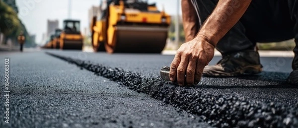 Obraz Worker finishing asphalt road construction