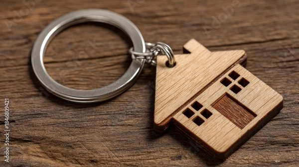 Obraz Wooden house keychain on rustic wood