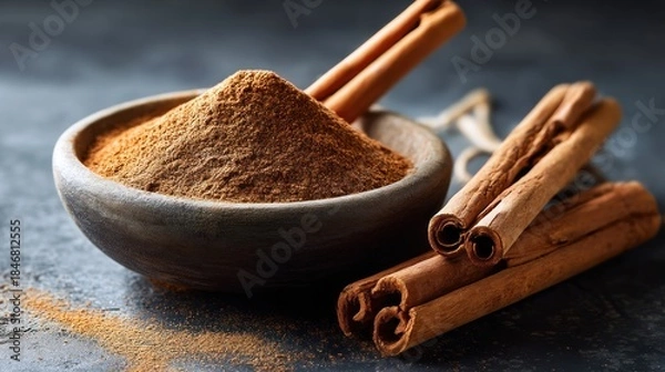Obraz Cinnamon powder and sticks on dark background