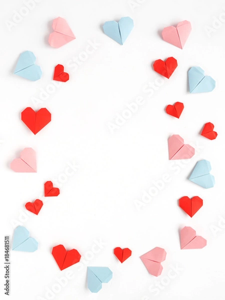 Obraz Pattern frame of paper origami hearts  isolated on a white background. Valentine's day background. 