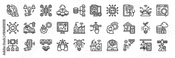 Obraz Digital Transformation icon collection line style. containing Global Connection, Idea Sharing, Global Sharing, Cloud Network, Database, Digital Document, Microchip, Network, Health Tech