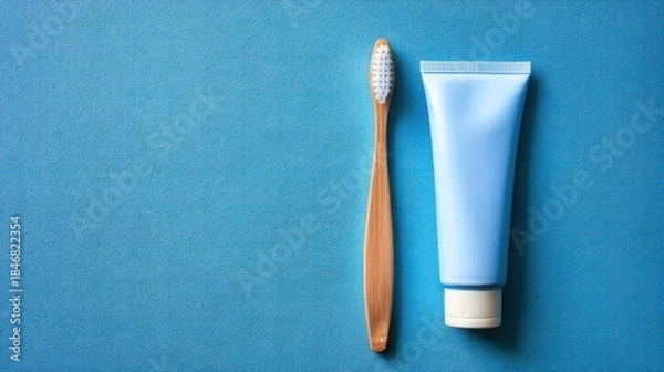 Obraz Blue toothpaste and bamboo toothbrush