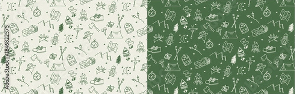Obraz doodle camping seamless pattern background in the forest hiking hand drawing