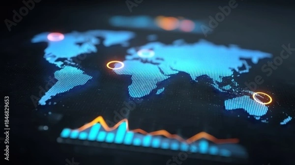 Obraz Modern global map graphic with data visualization elements showcasing digital connections, statistics, and geographical highlights for various applications