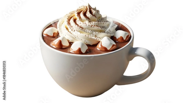 Fototapeta Isolated Hot Chocolate with Whipped Cream, Marshmallows, and Cocoa Powder in White Mug