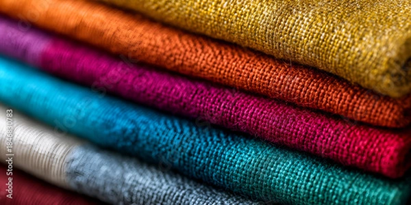 Fototapeta A vibrant collection of multicolored textiles stacked neatly, showcasing a range of rich hues and textures appealing to fashion enthusiasts.