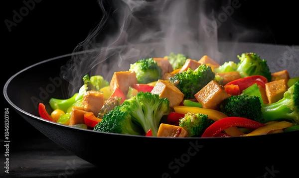 Fototapeta A vibrant, steaming stir-fry with fresh vegetables and tofu, perfect for healthy dining and culinary inspiration.