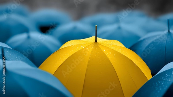 Fototapeta A vibrant yellow umbrella stands out among blue umbrellas, symbolizing individuality in a rainy atmosphere.