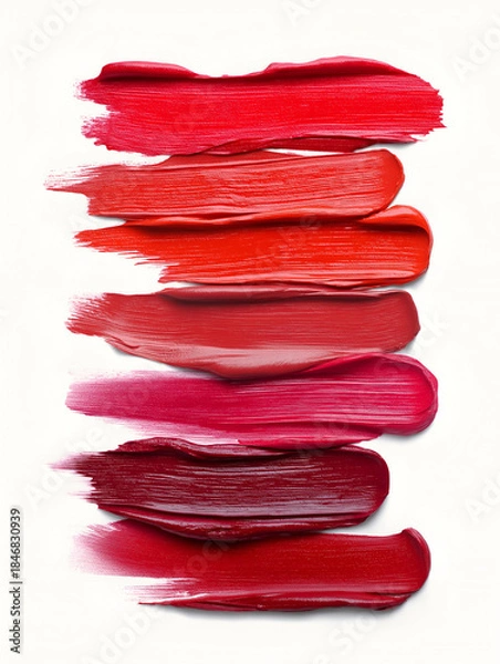 Fototapeta A vibrant collection of red lipstick swatches on a clean background, showcasing various shades and textures for beauty inspiration.