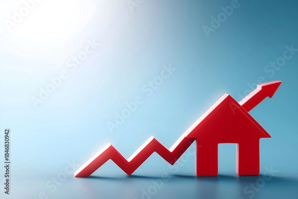 Fototapeta A vibrant red house icon with an upward trend line, symbolizing growth and success in real estate investments.