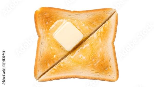 Fototapeta Slice of golden toasted bread with melting butter, cut diagonally and isolated on white background