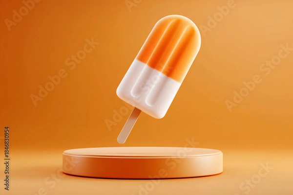 Fototapeta A vibrant orange popsicle suspended in mid-air, showcasing its refreshing and delicious appeal against a bright background.