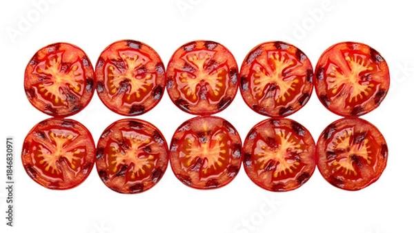Fototapeta Top View of Ten Grilled Red Tomato Slices Isolated on White Background
