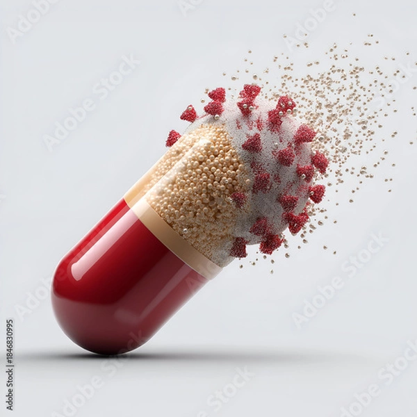 Fototapeta A vibrant red capsule bursts open, releasing colorful particles, symbolizing health and innovation in pharmaceuticals.