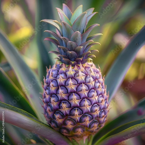 Fototapeta A vibrant pineapple growing in a lush green environment, showcasing its unique texture and natural beauty.