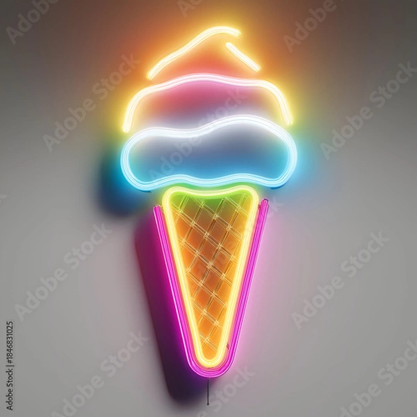 Fototapeta A vibrant neon ice cream cone sign exuding playful energy and summertime vibes, perfect for dessert-themed decor.