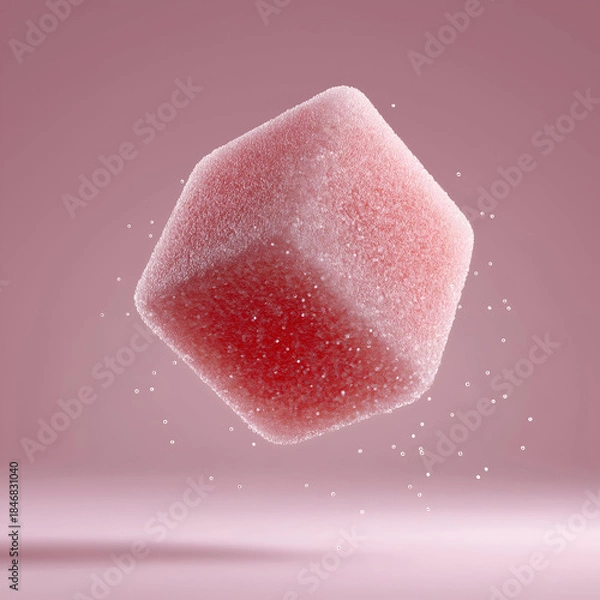 Fototapeta A vibrant, floating sugar cube with a pink background, showcasing modern food design and creativity, perfect for culinary visuals.