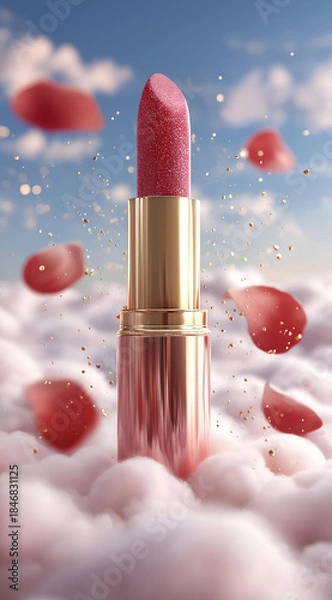Fototapeta A vibrant pink lipstick stands elegantly amidst fluffy clouds and falling rose petals, blending beauty and romance effortlessly.